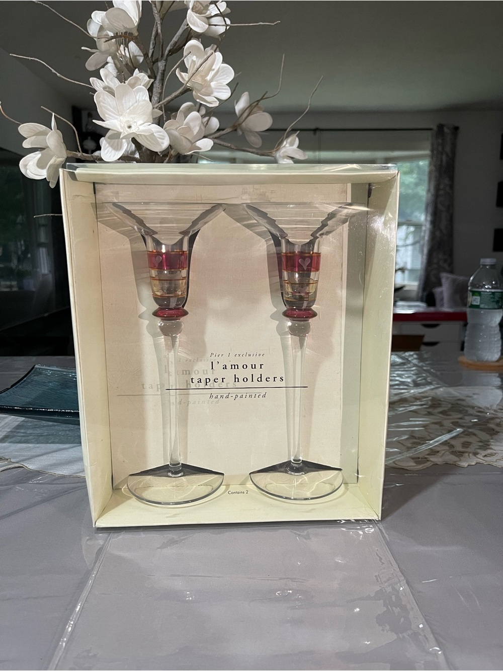L'Amour Hand-Painted Red and Gold Glass Taper Holders - Set of 2